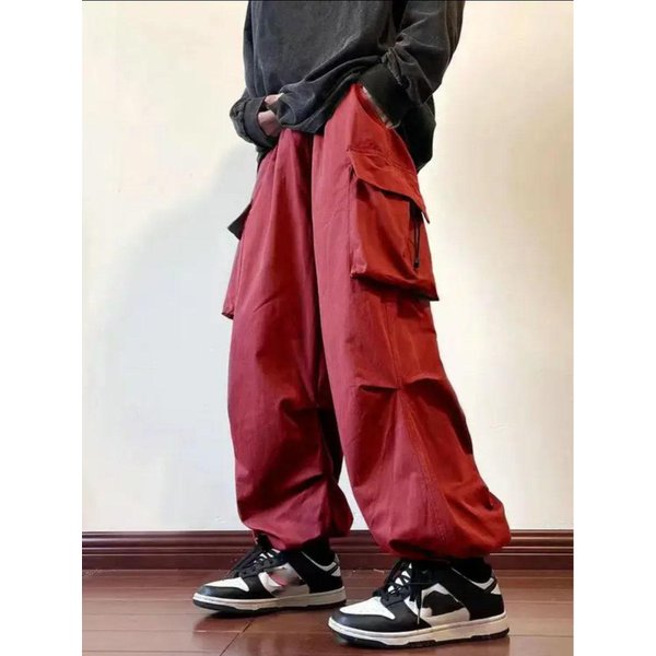Spodnie Cargo MęSkie Casualowe Moda Streetwear Klasyczne MęSkie Proste Szerokie Spodnie Ze śCiąGaczem Odzież Robocza Modne LuźNe Spodnie Cargo S Czerwony-image