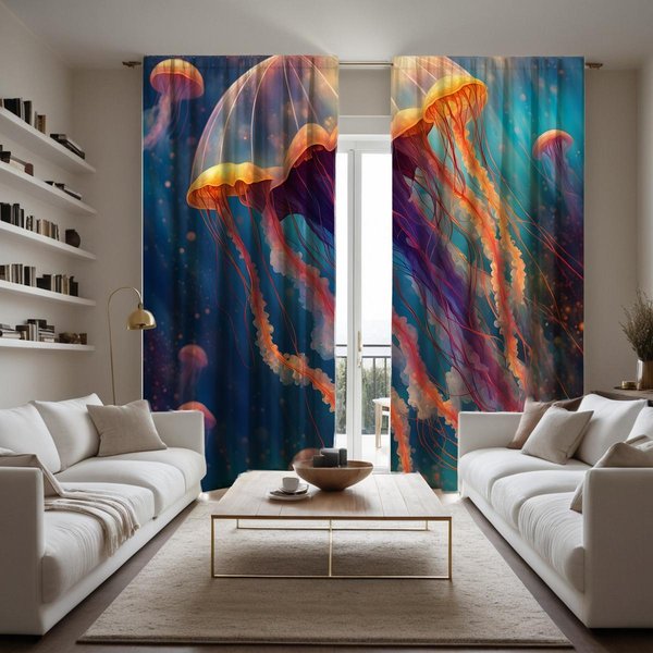 2 Piezas Mundo Del Fondo Marino Luminoso Medusa Cortina Decorativa Sistema De Color Cortina Impresa Digital Estilo De DecoracióN Del Hogar Dec W52H63Inchw132H160Cm-image
