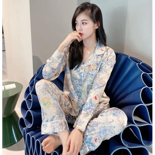 Pijama CóModo De Seda De Hielo Estilo JardíN Estampado Para Mujer Conjunto De Ropa De Casa Para Mujer Conjunto De Pijama De Ropa Exterior Para Mujer XL Gray-image