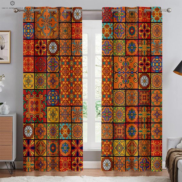 Bohemskie ZasłOny Z Nadrukiem W Kratę, ZasłOny Dekoracyjne, Styl Retro, Odpowiednie Do Sypialni, Salonu, Kuchni, Gabinetu W50Xh130(Cm)X2Pcs&Grommet Top-image
