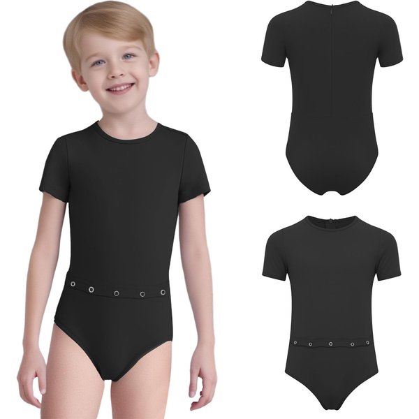 Body Adaptativo Antidesgarro De Manga Corta Con Cuello Redondo Para NiñOs Con Cremallera Oculta En La Espalda Y Abertura Tubular Para Pacientes Con Necesidades Especiales 9-10 Years Black-image