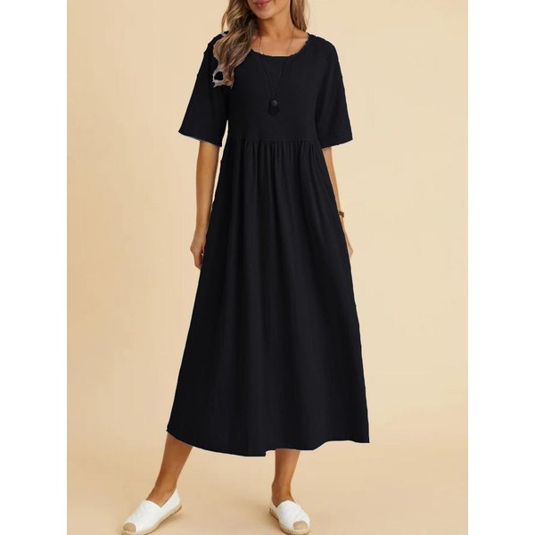 Vestido De Mujer Talla Grande Suelto AlgodóN LíNea Cuello Redondo Manga Cinco Cuartos Vestido Midi 2XL Black-image