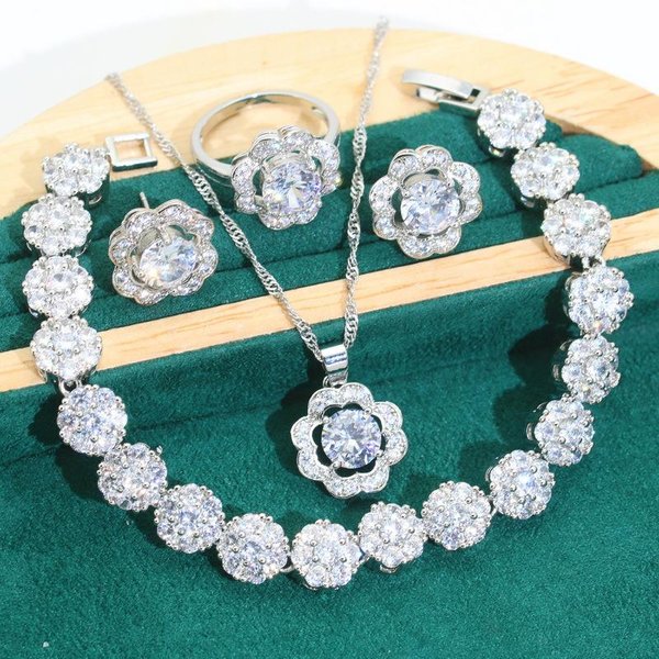 VersióN Coreana De Micro Juego Ultra Brillante ZircóN AAA Europa Y Estados Unidos MáS Vendido Pulsera Collar Pendiente Anillo Set 9 Yards Gray-image