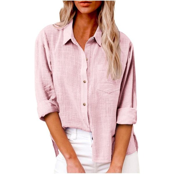 Camisa De AlgodóN Lino Para Mujer OtoñO Cuello Solapa Manga Larga Bolsillo Abertura BotóN Color SóLido Camisa Holgada Casual Tallas Grandes Tops M Rosa Claro-image