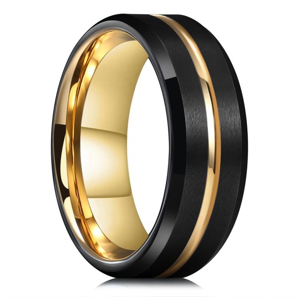 Anillos De Acero Inoxidable Para Hombre De 8 Mm Color Dorado Cepillado Negro Ranura Borde Biselado Anillo De Compromiso JoyeríA De Boda Para Hombre 10 Beige-image