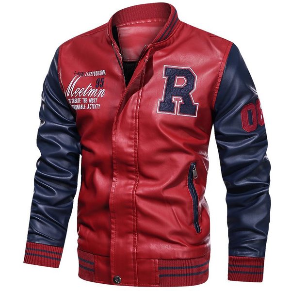 Nowa Kurtka SkóRzana MęSka Kurtka Casualowa Kurtka PU Kurtka Baseballowa Aksamitny StóJka MęSka Kurtka SkóRzana 2XL-image