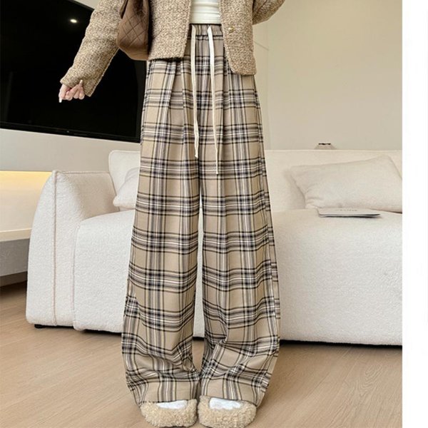 Pantalones De Terciopelo A Cuadros Para Mujer Para OtoñO E Invierno Nuevo Estilo Adelgazantes Y Con CaíDa Casual Rectos Sueltos Para El Suelo VersióN Estrecha Pantalones De Pierna Ancha XL Gray-image