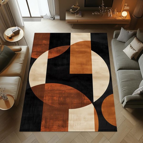 Abstrakcyjny OkrąGłY Dywan, PomarańCzowo-BeżOwo-Czarny Dywan, Nowoczesna Minimalistyczna Zmywalna Mata PodłOgowa 160X200Cm(62X78In)-image