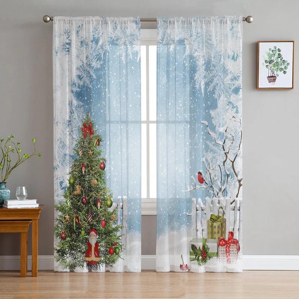 Navidad Invierno Azul Copos De Nieve Blanco Tul Cortinas Transparentes Para DecoracióN De SalóN Dormitorio Cortina De Ventana Voile Organza Drapeados W135 X H115Cm X1&Grommet Top-image