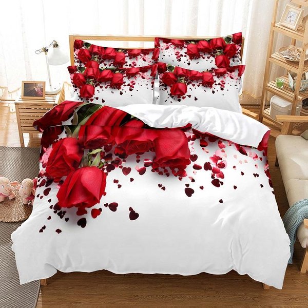 Czerwona RóżA 3D Komplet PośCieli Rozmiar Queen Poszewka Na KołDrę Druk Cyfrowy Modny Design MięKka Wygodna PośCiel 140X200Cm 3Pcs-image