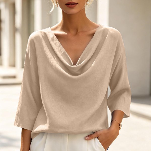 Moda Femenina SuéTer Holgado Cuello En V Casual Manga Tres Cuartos Tejido Suave Ligero Ajuste CóModo XL Beige-image
