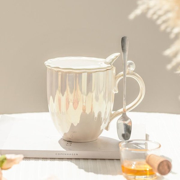Taza De CeráMica Con Tapa Shell Pearl Para NiñAs Taza De Agua Taza De Café Para Pareja Hogar Taza De CeráMica Pegamento Cremoso 420ML-image