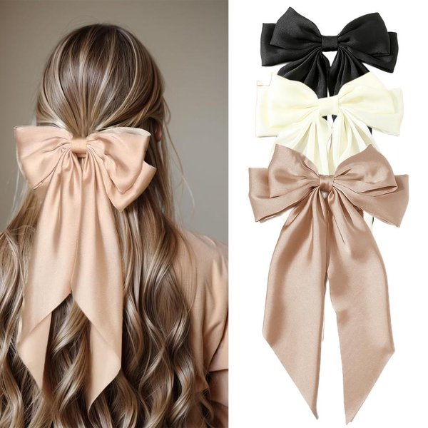 Accesorios Pinzas Para El Cabello Para Mujeres NiñAs Lazo Grande SatéN SóLido Lazos Largos De Cinta Pinza De Resorte Pasador Cheveux Femme-image