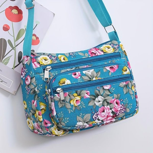 Stylowa Kwiatowa Torba Crossbody Dla Kobiet, Wielokieszeniowa, Casualowa Torebka Na Ramię Z Regulowanym Paskiem BłęKitny Kolor-image