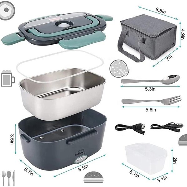 Fiambrera EléCtrica 80W PortáTil Calentable Para Adultos Incluye 2 Recipientes De Acero Inoxidable Uso En Coche CamióN Trabajo A Prueba De Fugas Comida Gray-image