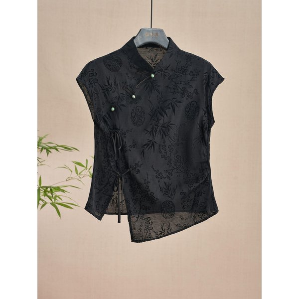 Blusa De Manga Corta Para Mujer Cuello MandaríN Elegante Estilo Oficina Camisa Jacquard Estampado GeoméTrico Retro Chino Casual Top De Verano M Negro-image