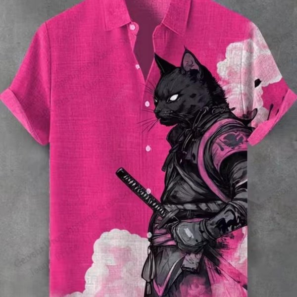 Camisa Hawaiana Estilo JaponéS Gato SamuráI ImpresióN 3D Hombres Mujeres Moda De Manga Corta Blusa De Un Solo BotóN Ropa Para Hombres 3XL Black-image