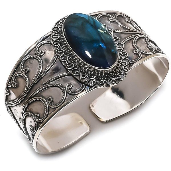 Brazalete Pulsera Hecha A Mano De Plata De Ley 925 Con Piedra Lunar Labradorita Ajustable Z8Y26-image