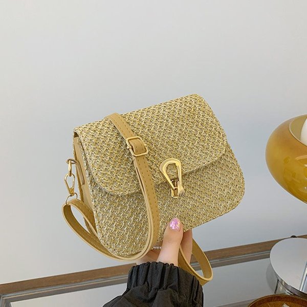 Bolso PequeñO Trenzado De Moda Para Mujer Nuevo Bolso Cruzado De Un Solo Hombro Hebilla De Cierre Personalizada Bolso Cuadrado PequeñO Tejido De Paja Beige-image