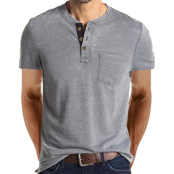Camiseta Informal De Manga Corta Para Hombre Con Cuello Henley Y Bolsillo En El Pecho L Gray-image