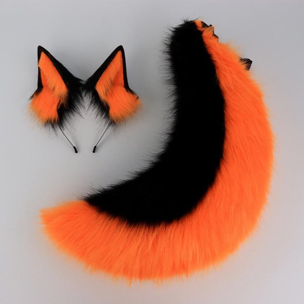 2 Szt./Zestaw Uszy I Ogon Fursuit ZwierzęCy Halloween Party Cosplay Nakrycie GłOwy Pluszowe Zwierzę Ogon Wilka Uszy Lisa Opaska Do WłOsóW Futrzany Pies Ogon COS Red-image