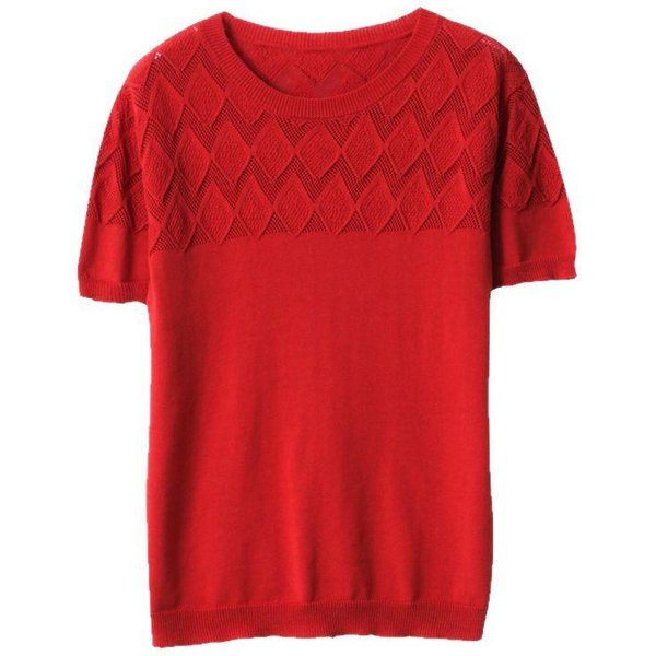 Czysta BawełNa OkrąGłY Dekolt AżUrowa Jednolity Kolor Cienki T-Shirt Dla Kobiet Lato Nowy T-Shirt Z BawełNy Dzianinowy Z KróTkim RęKawem LuźNy Z PółRęKawem Top XXL Red-image