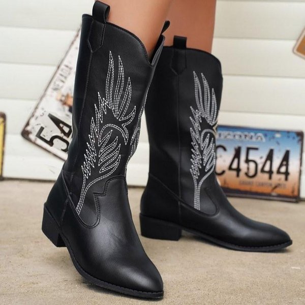 Botas Doradas De Media Pantorrilla Para Mujer Botas Vaqueras Puntiagudas Plateadas Moda Retro Bota Negra Talla Grande 36-43 Botas Para Mujer 36 Negro-image