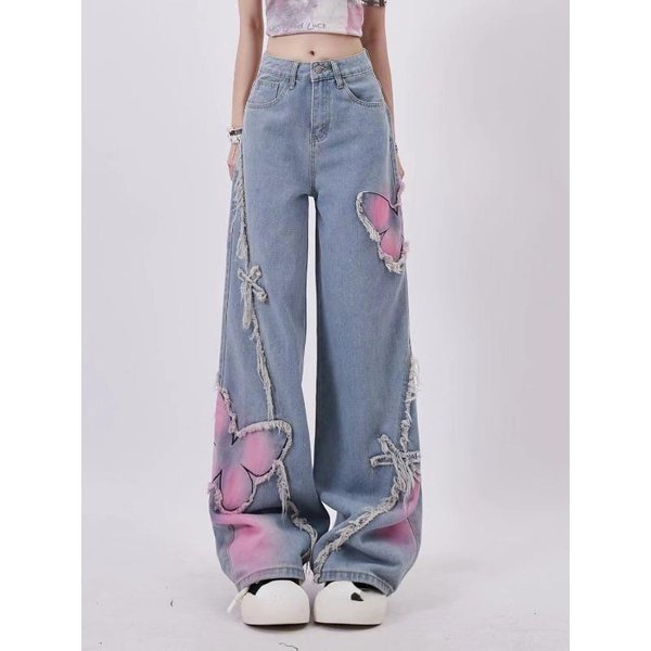 Damskie Czarne Gotyckie Workowate DżInsy Harajuku Y2K Estetyczne Motylkowe Spodnie DżInsowe KoreańSkie Spodnie DżInsowe Vintage 2000S Tandetne Ubrania S Jasny Kolor Niebieski-image