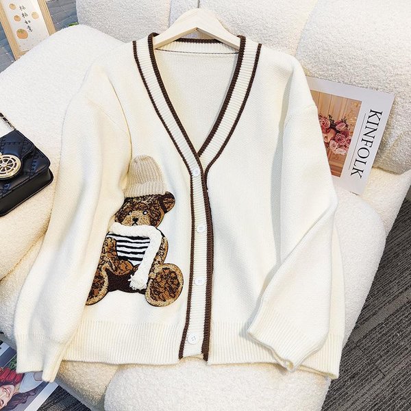 Jesień I Zima Najnowszy JapońSki Styl Akademicki Retro NiedźWiedź Haftowany Wszechstronny Dzianinowy Kardigan Kurtka Wysoka Jakość Praktyczny Codziennego UżYtku One Size BiałY-image