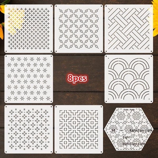 WieloczęśCiowy Szablon Do Pikowania Sashiko Wielokrotnego UżYtku Zestaw SzablonóW Do Haftu Do RęKodziełA Diy, Szycia I Patchworku 8PCS Gray-image
