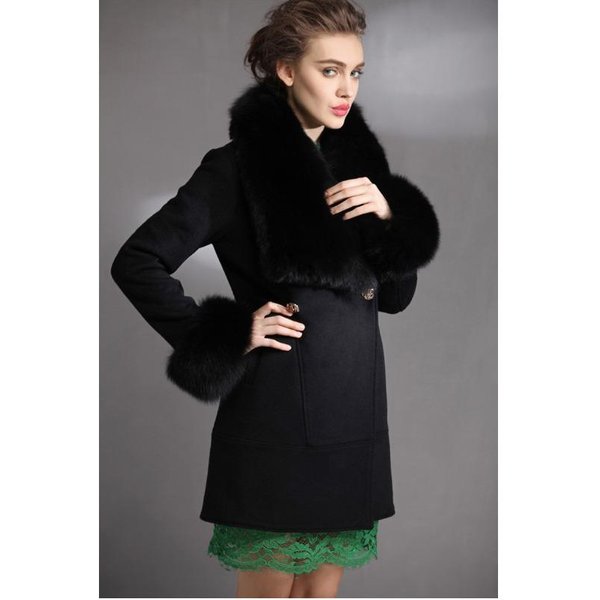 Abrigo De Lana Nuevo Para Mujer Cuello De Piel Mediano Y Largo VersióN Coreana Abrigo De Lana XL Negro-image