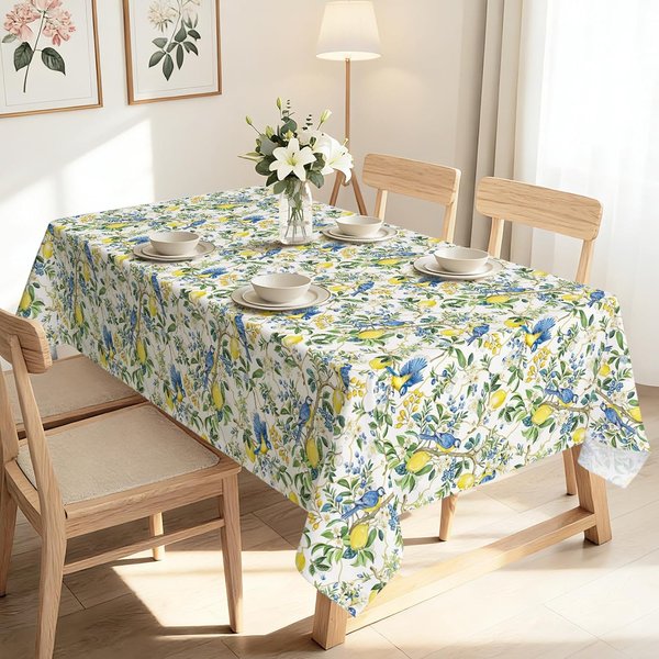 Mantel Rectangular De Verano Con Limones Azules Y PáJaros Florales Para DecoracióN De Mesa Lavable Estilo Granja Mantel Para Mesa De Cocina DecoracióN De Fiesta NavideñA 100X160Cm-image