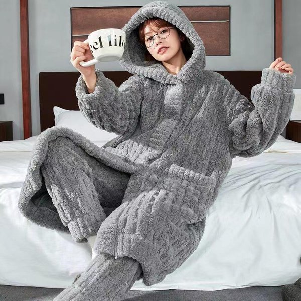 Conjunto De Pijama De Terciopelo Coral Para Mujer Dulce Y Lindo Conjunto De Pijama Largo Invierno Ropa De Casa Pijama Con Capucha Pijama XL Gray-image