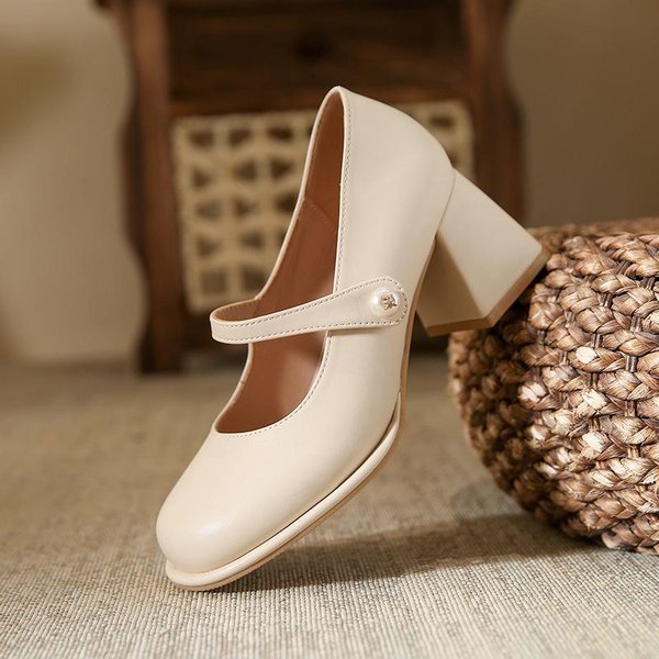 Zapatos Mary Jane De Cuero Genuino Para Mujer Primavera Y Verano Nuevos Tacones Altos Gruesos Franceses Estilo Hada Con Salones De Falda 40 Beige-image