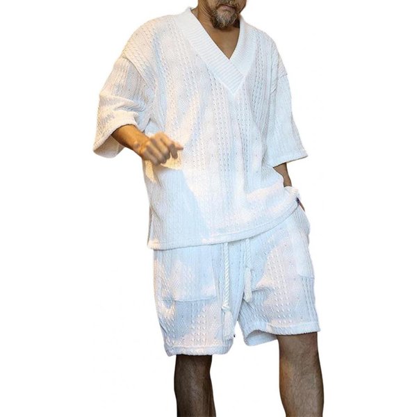 2 Piezas/Set Conjunto De Verano Para Hombre Camiseta De Manga Corta Con Cuello En V Cintura EláStica Con CordóN Bolsillos Pantalones Cortos De Pierna Ancha Conjunto Color SóLido Tejido Xxxl Blanco-image