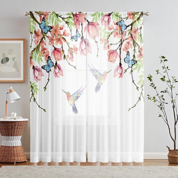 2 Piezas HD Digital Primavera Colibrí Estampado Floral Cortinas Estilo DecoracióN Del Hogar DecoracióN Sala De Estar Dormitorio Cortina Con Barra W52H63Inchw132H160Cm White-image
