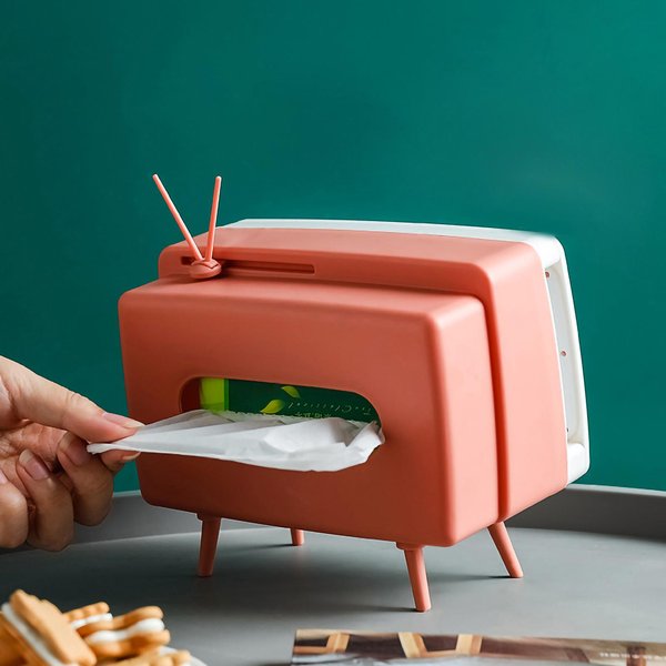 Porta PañUelos Estilo Televisor, DiseñO Retro, Ranura Para TeléFono MultifuncióN, Cubierta Para Caja De PañUelos Color Rosa-image