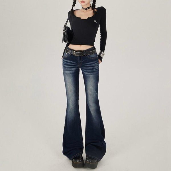 Damskie Jeansy Dzwony Z Wysokim Stanem Slim Fit Bardzo Elastyczne Vintage Niebieskie Spodnie Jeansowe Z Efektem Sprania Piaskowego M Black-image