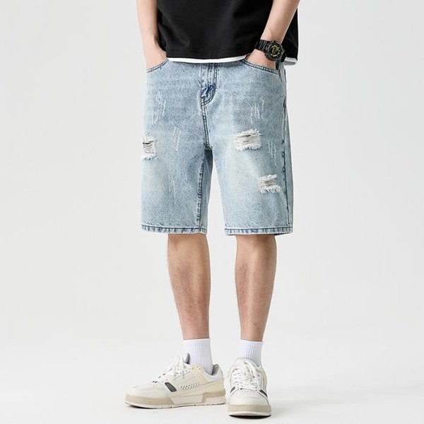 Nuevos Pantalones Cortos De Mezclilla Rasgados Para Hombre Verano Sueltos De Cinco Puntos Para Hombre 38 Azul-image
