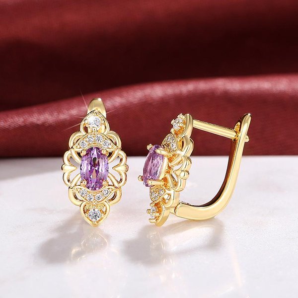 Pendientes De Aro EstéTicos Huitan Para Mujer PatróN Hueco Oval Morado CZ Pendientes Femeninos Elegantes Fiesta De Aniversario JoyeríA De Moda-image