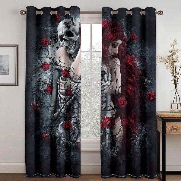 3D ŚMieszny Straszny Tron Szkielet Halloween 2 Sztuki Cienkie ZasłOny DziecięCe ZasłOna Okienna Dekoracja Salonu Sypialni 100W130H(Cm)40X51In&Hook-image