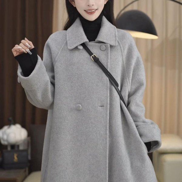 Koreanki Styl ŚRedniej DłUgośCi PłAszcz Z WełNy Owczej MałY LuźNy Jesień I Zima Damski DłUgi WełNiany PłAszcz M Gray-image