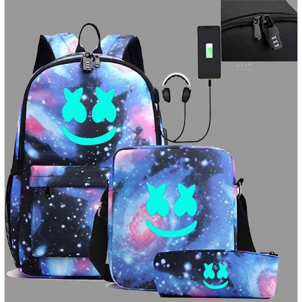 Mochila Luminosa Marshmello Malvavisco Bolso Cruzado Para LáPices Set De Tres Piezas Carga USB Mochila Escolar Para Estudiantes One Size Fits All-image