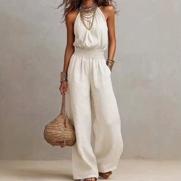 Mono De Mujer Con Cuello Halter Sin Mangas, CinturóN, Pierna Ancha, Color Caqui Liso, Mono Casual M Blanco-image