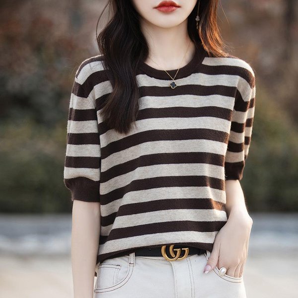 Nowy Letni Damski Sweter W Kolorowe Paski, T-Shirt Z OkrąGłYm Dekoltem, LuźNy, Casualowy, Z KróTkim RęKawem, Wszechstronny Top Z RęKawem 3/4 XXL BrąZowy-image