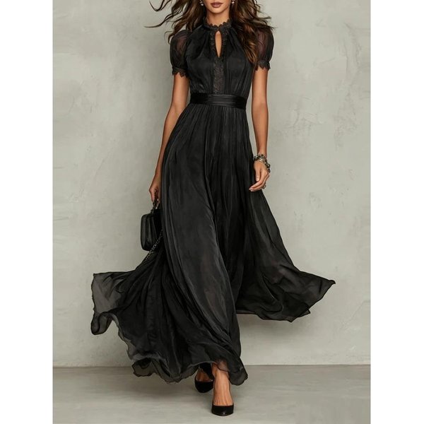 Vestido Largo Vintage De Encaje SóLido LíNea A Para Mujer Cuello Redondo Cintura Alta Plisado Vestido De Fiesta Verano Manga Corta Vestidos Maxi Fluidos Xxxl Negro-image