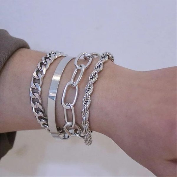 Nuevo Set De 4 Piezas Punk Oro Plata Metal Cadena Gruesa Pulsera Retorcida Brazaletes Para Mujeres Hip Hop Fiesta JoyeríA Regalo Plata-image