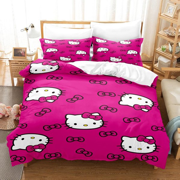 Juego De Funda NóRdica Hello Kitty Juego De Ropa De Cama Hello Kitty Funda De Colcha De Dibujos Animados Anime Funda De Almohada Juego De Cama TamañO Twin Full Queen AU Single 140X210Cm-image