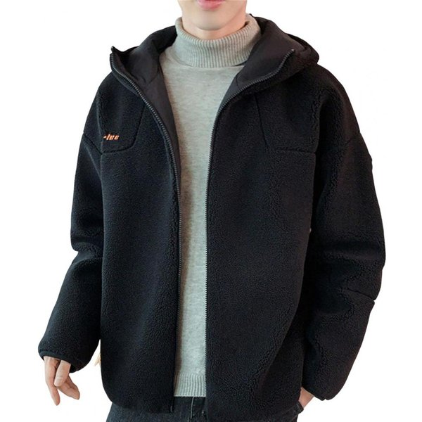 Chaqueta Abrigo Para Hombre Con Capucha Manga Larga Bordado Estampado De Letras Abrigo Color SóLido Solapa Con Cremallera Forro Polar Grueso CáLido Invierno Ropa Exterior M Negro-image