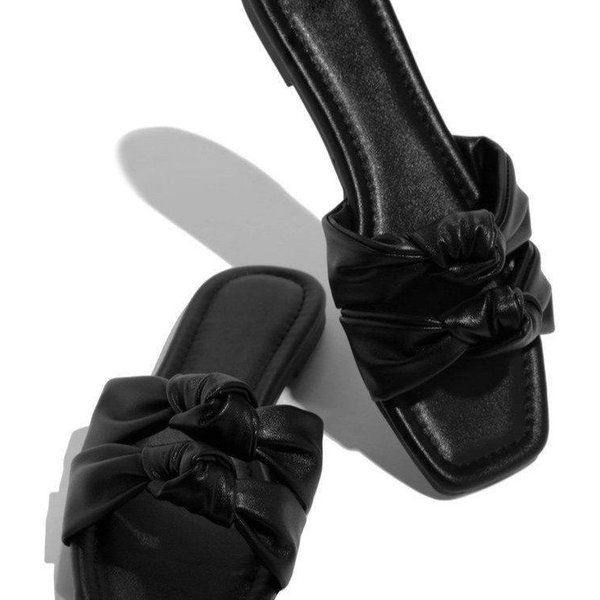 Sandalias De Verano Para Mujer Para Exterior Talla Grande 43 Puntera Abierta Zapatillas Planas Para Mujer Cabeza Cuadrada Lazo Playa Zapatos De Mujer 39 Negro-image